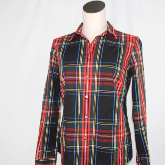 J. CREW  Women's Black Tartan Plaid Cotton Button Down Top Sz 4 Slim - Picture 3 of 10